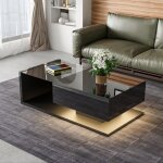 Table basse lumineuse led avec plateau en verre rangement ouvert design moderne et Élégant noir laqué ... Table basse lumineuse led avec plateau en verre rangement ouvert design moderne et Élégant noir laqué ...