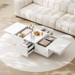 Table basse maisentiel 100x50x31 cm blanc laqu� en panneaux de particules rangement push - pull et 2 ...