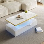 Table basse maisentiel blanc laqu� deux niveaux tiroir led finition dor�e 100 x 50 x 385 cm