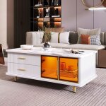 Table basse maisentiel effet marbre verre brun led dor� 100x50x40 cm blanc avec 2 tiroirs 2 portes poign�es ...
