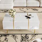 Table basse maisentiel laqu� blanc 100x60x415 cm avec 2 tiroirs et d�tails m�talliques dor�s design moderne ...