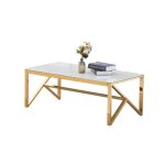 Table basse majestique rectangle plateau verre tremp� marbr� blanc pieds gold 120x60x45cm