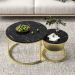 Lot de 2 tables basses gigognes marbre & pieds m�tal ? d70 / 45 x h45 / 40 cm ? noir