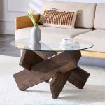 Table basse en mdf + verre table basse ronde - pieds de support de grain de bois de noyer profond79cm ...