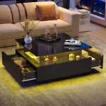 Table basse - moderne - 70x70x41cm - noir brillant - 2 tiroirs - clairage led rglable