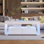 Table basse moderne blanche 110x50x40cm clairage led 16 couleurs 2 tiroirs verre double plateau table ...