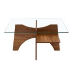 Table basse moderne carr�e verre tremp� 80x80x40cm pieds mdf noyer pour salon salle � manger bureau