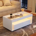 Table basse moderne design blanc laqu brillant double plateau verre spacieux 2 tiroirs clairage led ...