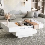 Table basse moderne extensible carr�e 70x70x39 table dappoint avec espace de rangement cach� et s�parateursbla ...
