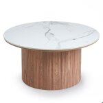 Menzzo table basse moderne ronde 80cm eglantine bois et c�ramique effet marbre blanc