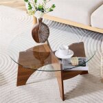 Table basse moderne ronde verre tremp� table basse�salon transparente avec pieds en �ventail bois noyer ...