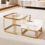 Table basse modulable 2 pi�ces 60x60x425 + 50x50x34 cm blanc et or avec plateau marbre brillant et verre ...