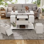 Table basse multifonctionnelle relevable blanche 100x100 cm avec rangement et 4 chaises intégrées Table basse multifonctionnelle relevable blanche 100x100 cm avec rangement et 4 chaises intégrées