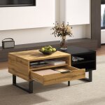 Table basse noir et bois - redom - structure en blocs de couleur avec compartiments et tiroirs pieds ...