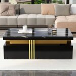 Table basse noir rectangulaire moderne avec planche à motifs en marbre et 2 tiroirs en bois table de ... Table basse noir rectangulaire moderne avec planche à motifs en marbre et 2 tiroirs en bois table de ...