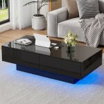 Table basse noir de salon 2 tiroirs et �clairage led panneaux laqu�s brillants style moderne 115 x 55 ...