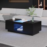 Table basse noire 100x50x355 cm - avec rev�tement en verre �clairage led commande par application 2 tiroirs ...