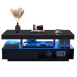 Table basse noire haute brillance avec 4 plateaux en verre 2 tiroirs et 2 compartiments ouvertstable ...