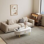 Table basse ovale - 108x50x40cm - avec 2 tiroirs pieds / poign�es dor�s - �l�gant - finition blanc laqu� ...