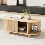 Table basse ovale bois avec rangement - portes coulissantes gain de place - mobilier salon multifonctionnel ...