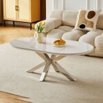 Table basse ovale - c�ramique effet marble blanc - m�tal argent�