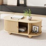 Table basse ovale avec rangement et portes coulissantes meuble multifonctionnel couleurs bois style industriel ...