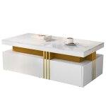 Table basse rectangulaire - langtu - moderne - plateau brillant blanc - 2 tiroirs - bandes lat�rales ...