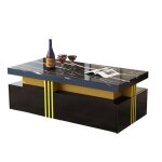 Table basse rectangulaire - langtu - noir moderne - plateau brillant marbr� - 2 tiroirs - bandes lat�rales ...