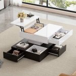 Table basse avec plateau pivotant  360 table de salon double couche avec 3 tiroirs table basse relevable70x7 ...