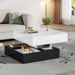 Table basse - plateau tournant 360 - 3 tiroirs - blanc + noir - haute brillance