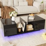 Table basse avec plateau en verre et led table de salon moderne avec rangement pour salon 120 x 50 x ...