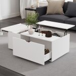 Table basse avec porte coulissante 1 tiroir compartiment rangement plateau relevable meuble salon canap ...