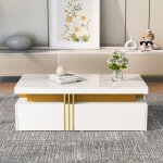 Table basse rectangulaire moderne - 2 tiroirs en bois & finition marbre brillant - bordure dore mtallique ...