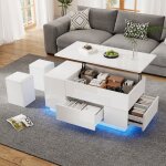 Table basse r�glable blanc 100x50x45 cm avec led - 2 tiroirs espace de rangement et support 50kg - set ...