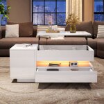 Table basse relevable 1 tiroir + 1 armoire led rangement cach� blanche 95 x 50 x 345 cm