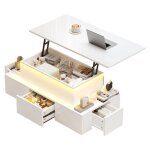 Table basse relevable 100 x 50 x 40 cm (jusqu 55 cm) led 4 tiroirs + coffre cach mdf laqu blanc