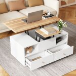 Table basse relevable 100 x 50 x 475 cm - plateau extensible pliable 4 tiroirs roulettes mdf bois naturel ...
