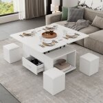 Table basse relevable 100x50x45cm - multifonction 4 en 1 - avec 1 tiroir - avec 4 tabourets - blanc