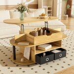 Table basse relevable 105x50x60cm table basse salon moderne en bois avec 2 tiroirs 6 compartiments et ...