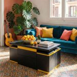 Table basse relevable - 4 poufs rangement inclus - plateau pliant - moderne - noir et jaune