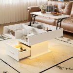 Table basse relevable 78 x 78 cm led bluetooth tiroir & niche �tag�re verre panneaux agglom�r�s blanc ...