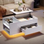 Table basse relevable 95x48x42cm - finition brillante - avec éclairage led - 1 tiroir - avec prise - ... Table basse relevable 95x48x42cm - finition brillante - avec éclairage led - 1 tiroir - avec prise - ...