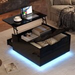Table basse relevable avec bande led table basse noire laqu de salon avec 1 tiroir rangement et porte ...