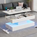 Table basse relevable blanc 100 x 50 x 42 cm table dappoint moderne salon en bois avec �clairage led ...