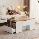 Table basse relevable blanc et bois - 2 tables extensibles grande capacit� multifonction salon moderne100x51x4 ...