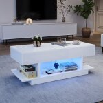 Table basse relevable blanc laqu� brillant 98x45x40cm led plateau r�glable hauteur avec rangement 2 compartime ...