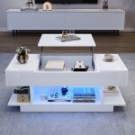 Table basse relevable blanche 98x45x40cm laqu�e brillante?plateau r�glable 2 compartiments rabattables ...