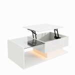 Table basse relevable blanche laqu�e ? plateau verre tremp� �clairage led pilotable