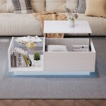 Table basse relevable brillant 100x50x33 cm table basse blanc salon en bois avec �clairage led et rangement ...