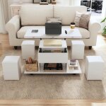 Table basse relevable - bureau peut ouvrir 2 tables 4 tabourets  rangement blanc mobilier de salon bureau ...